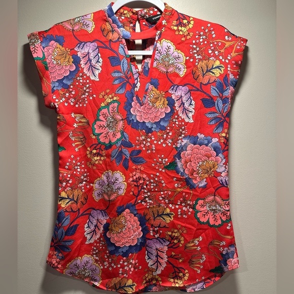 Express Red Oriental Blossoms Choker Cap-sleeve Silky Blouse XXS TTP Light - Picture 16 of 16